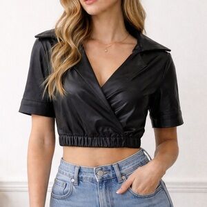 Nonchalant Faux Leather Cropped Top Black Small